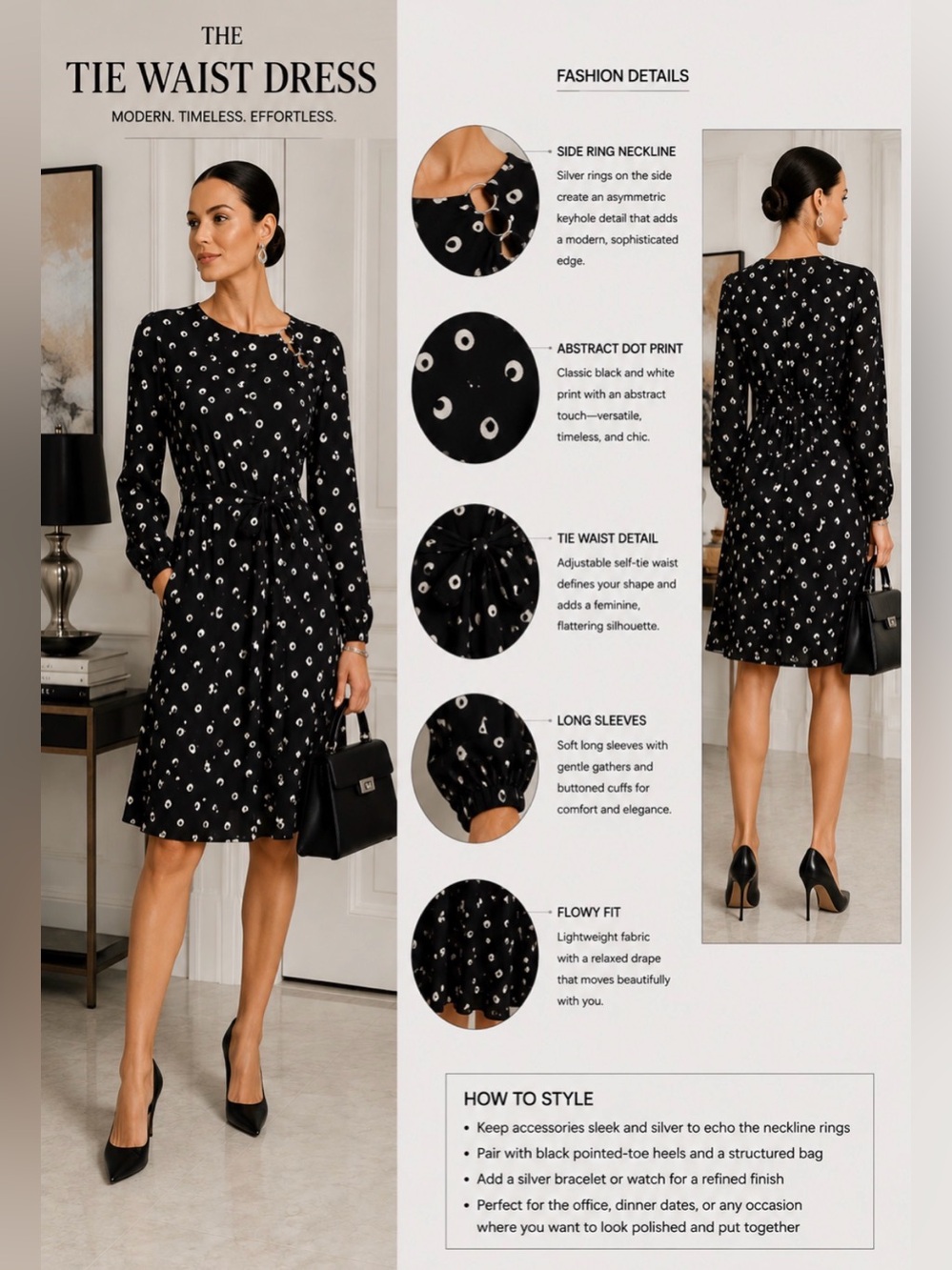 Adrienne Vittadini Black Printed Long-Sleeve Tie-Waist Dress XL - Picture 2 of 7